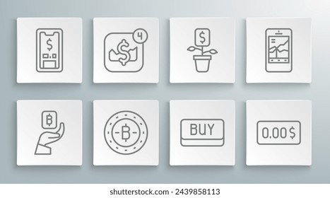 Set line Hand holding Bitcoin, Mobile stock trading, Buy button, Zero cost, Dollar plant,  and with dollar icon. Vector
