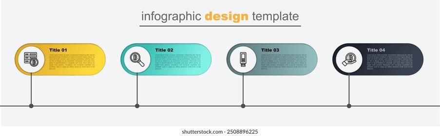 Set line Hand holding Bitcoin, USB flash drive, Magnifying glass with and Server bitcoin. Business infographic template. Vector