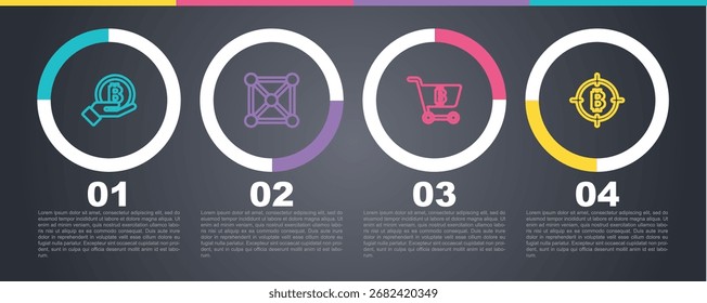 Set line Mão segurando Bitcoin, tecnologia Blockchain, Carrinho de compras com bitcoin e o alvo. Modelo de infográfico comercial. Vetor