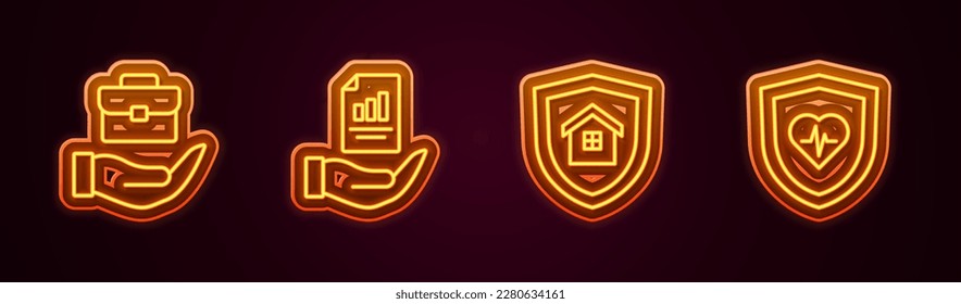 Set-Line Hand hält Briefkasten, Vertragshand, Haus mit Schild und Lebensversicherung. Leuchtendes Neonsymbol. Vektorgrafik
