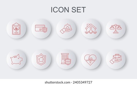 Set line Hand holding briefcase, Piggy bank, fire, Health insurance, Credit card with shield, House and  icon. Vector