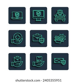 Fijar línea de la cartera de la cartera de documentos, seguro de entrega, dinero con escudo, automóvil, maletín, vida, seguro en línea e icono de accidente. Vector