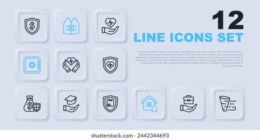 Set line Hand holding briefcase, Tornado, Life insurance, House flood, Safe, Education grant, jacket and Delivery security with shield icon. Vector