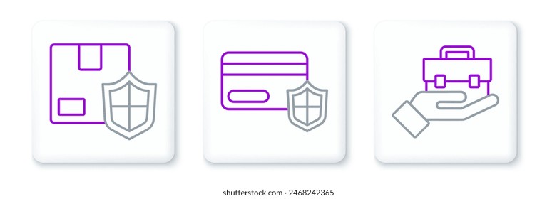 Set line Hand holding briefcase, Delivery security with shield and Credit card icon. Vector