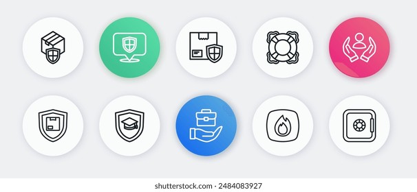 Set line Hand holding briefcase, Life insurance, Delivery security with shield, Fire flame, Lifebuoy, Safe and Graduation cap icon. Vector