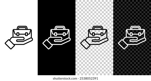 Set line Hand holding briefcase icon isolated on black and white background. Insurance concept. Security, safety, protection, protect concept.  Vector