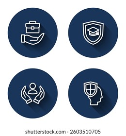 Set line Hand holding briefcase, Graduation cap with shield, Life insurance and  with long shadow. Blue circle button. Vector