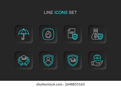 Set line Hand holding briefcase, Graduation cap with shield, Life insurance, Education grant, Money bag, Contract, Fire flame and Umbrella icon. Vector