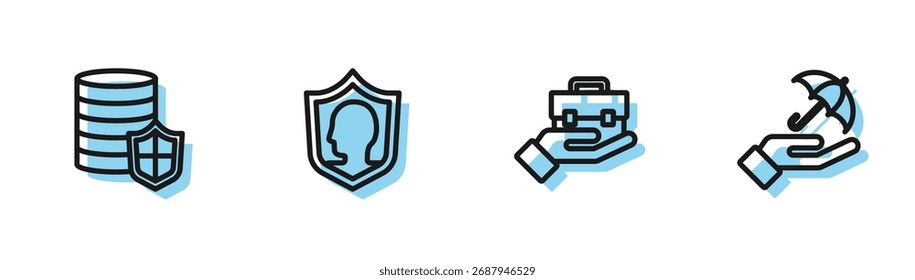 Set line Hand holding briefcase, Money with shield, Life insurance and Umbrella hand icon. Vector