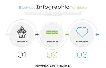 Set line Hand holding casino chips, Deck of playing cards and Playing card with heart symbol. Business infographic template. Vector