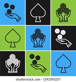 Set line Hand holding casino chips, Hand holding casino chips and Playing card with spades symbol icon. Vector