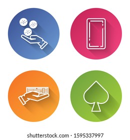 Set line Hand holding casino chips, Playing card back, Hand holding deck of playing cards and Playing card with spades symbol. Color circle button. Vector