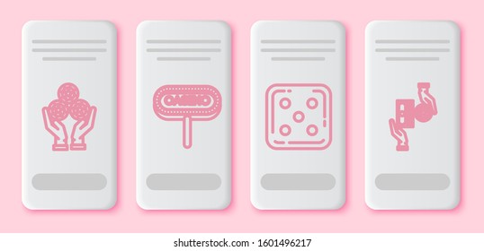 Set line Hand holding casino chips, Casino signboard, Game dice and Casino chips exchange on stacks of dollars. White rectangle button. Vector