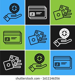 Set line Hand holding casino chips, Game dice and Credit card icon. Vector
