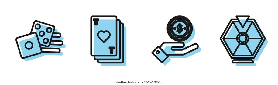 Set line Hand holding casino chips, Game dice, Playing card with heart and Lucky wheel icon. Vector