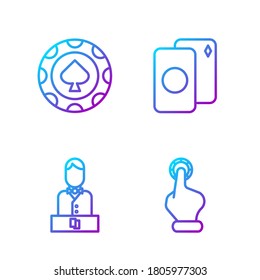 Set line Hand holding casino chips, Casino dealer, Casino chips and Deck of playing cards. Gradient color icons. Vector