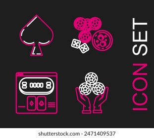 Set line Hand holding casino chips, Online poker table game, Casino dice glass of whiskey with ice cubes and Playing card spades symbol icon. Vector