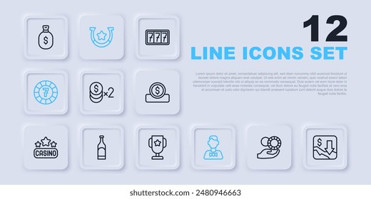 Set line Hand holding casino chips, Financial growth decrease, Casino with dollar, dealer, Bottle of wine, Horseshoe and poker trophy cup icon. Vector
