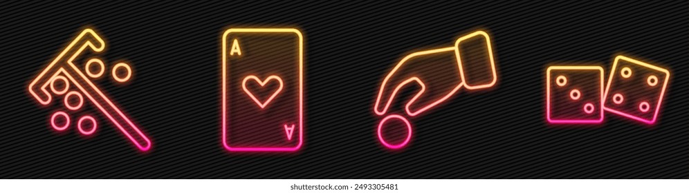 Set line Hand holding casino chips, Stick for chips, Playing card with heart and Game dice. Glowing neon icon. Vector