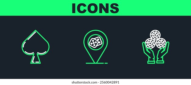 Set line Hand holding casino chips, Playing card with spades symbol and Casino location icon. Vector