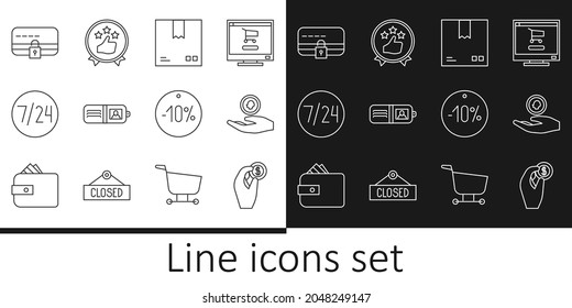 Set line Hand holding coin money, Cardboard box with traffic symbol, Wallet, Clock 24 hours, Credit card, Ten discount percent tag and Consumer or customer product rating icon. Vector