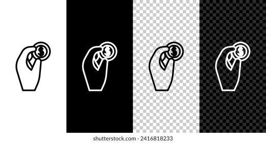 Set line Hand holding coin money icon isolated on black and white background. Dollar or USD symbol. Cash Banking currency sign.  Vector Illustration