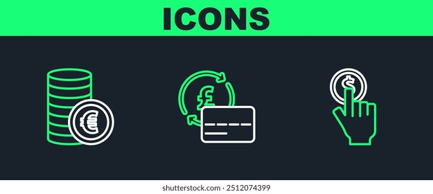 Set line Hand holding coin, Coin money with euro symbol and Credit card icon. Vector