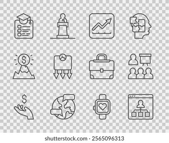 Set line Hand holding coin money, Online education, Financial growth increase, Worldwide, Weight loss, Smart watch and Training, presentation icon. Vector