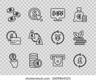 Set line Hand holding coin, Coin money with pound, Currency exchange, euro symbol, dollar, ATM and Dollar plant icon. Vector