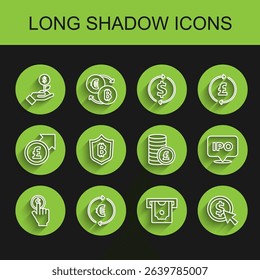 Set line Hand holding coin, Coin money with euro symbol, Dollar plant, ATM, dollar, Shield bitcoin, IPO and pound icon. Vector
