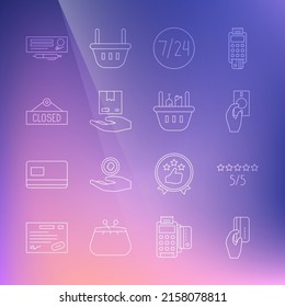 Set line Hand holding with credit card, Consumer or customer product rating, money, Clock 24 hours, Delivery hand boxes, Hanging sign Closed, Bank check pen and Shopping basket food icon. Vector