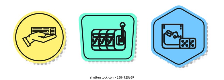 Set line Hand holding deck of playing cards, Slot machine with lucky sevens jackpot and Game dice and glass of whiskey with ice cubes. Colored shapes. Vector