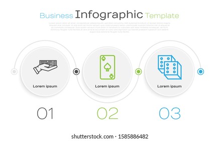 Set line Hand holding deck of playing cards, Playing card with spades symbol and Game dice. Business infographic template. Vector