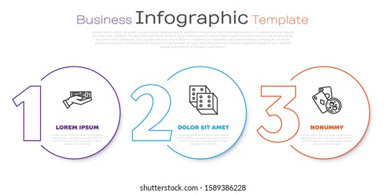 Set line Hand holding deck of playing cards, Game dice and Playing cards and glass of whiskey with ice cubes. Business infographic template. Vector