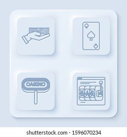 Set line Hand holding deck of playing cards, Playing card with spades symbol, Casino signboard and Online slot machine. White square button. Vector