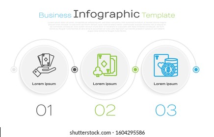 Set line Hand holding deck of playing cards, Playing card with diamonds and Casino chip and playing cards. Business infographic template. Vector