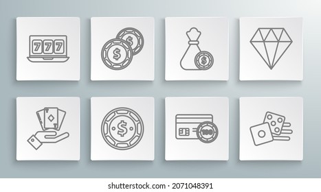 Set line Hand holding deck of playing cards, Casino chip with dollar, Credit, Game dice, Money bag casino chips, Diamond and Online slot machine lucky sevens jackpot icon. Vector