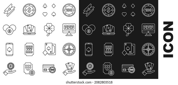 Set line Hand holding deck of playing cards, Online slot machine with lucky sevens jackpot, Playing, poker table game, Billiard pool snooker 8 ball, Lottery ticket and Four leaf clover icon. Vector
