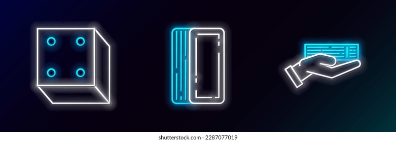 Set line Hand holding deck of playing cards, Game dice and Deck icon. Glowing neon. Vector