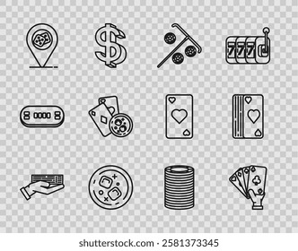 Set line Hand holding deck of playing cards, Stick for chips, Glass whiskey ice cubes, Casino location, Playing glass with,  and Deck icon. Vector