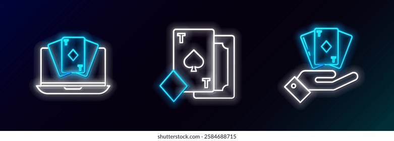 Set line Hand holding deck of playing cards, Online poker table game and Playing with spades icon. Glowing neon. Vector