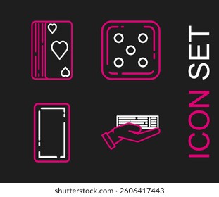 Set line Hand holding deck of playing cards, Playing back, Game dice and Deck icon. Vector