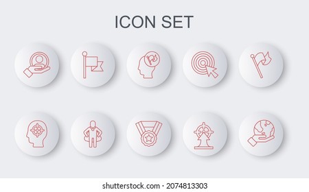 Fijar la línea Mano sujetando el globo terrestre, la caza de la cabeza, la bandera, el objetivo, para la búsqueda de personas, la bandera y el icono de Medalla. Vector