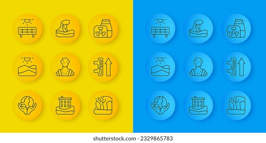Set line Hand holding Earth globe, Drought, High human body temperature, Glacier melting, Global warming, Solar energy panel, Nuclear power plant and Tsunami icon. Vector