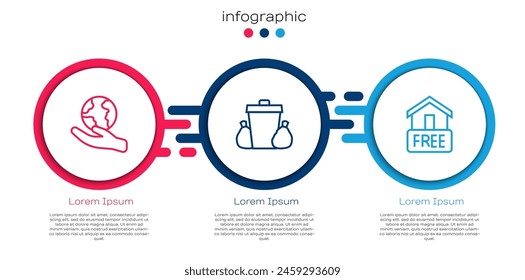 Set line Hand holding Earth globe, Trash can and Free home delivery. Business infographic template. Vector