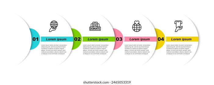 Mano sosteniendo el globo terrestre, la caridad de la donación, y la donación de ropa. Plantilla de infografía de negocios. Vector