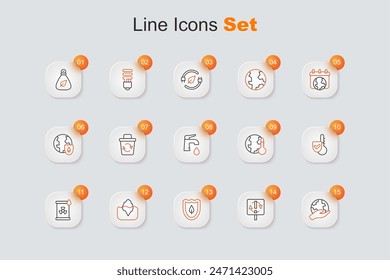 Set line Hand holding Earth globe, Recycle symbol, Shield with leaf, Iceberg, Radioactive waste barrel, Thermometer, melting to global warming and Water tap icon. Vector