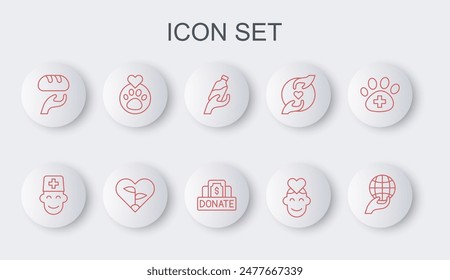 Mano sosteniendo el globo terrestre, Médico masculino, Donación de agua, Voluntario, comida, Corazón con la huella de los animales, Corazón de la hoja e icono de caridad. Vector
