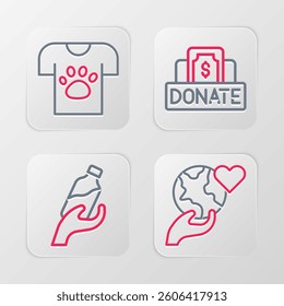 Set line Hand holding Earth globe, Donation water, charity and Animal volunteer icon. Vector