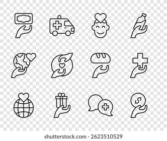 Set line Hand holding Earth globe, Donation charity, Volunteer, Give gift, Pleasant relationship, Dialogue with doctor and Heart cross icon. Vector